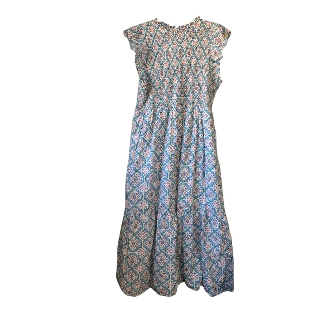 LOFT Outlet Maxi Dress Women 14 Ruffle Cap Sleeve Smocked bust Blue pink Floral‎
